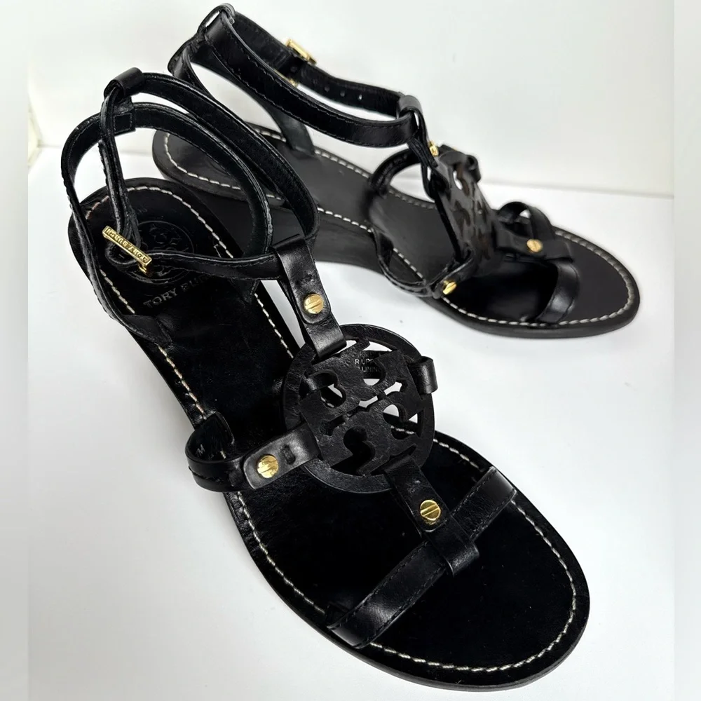 Tory Burch Black Leather Miller Logo Wedge Ankle Strap Sandals Size‎ 7M